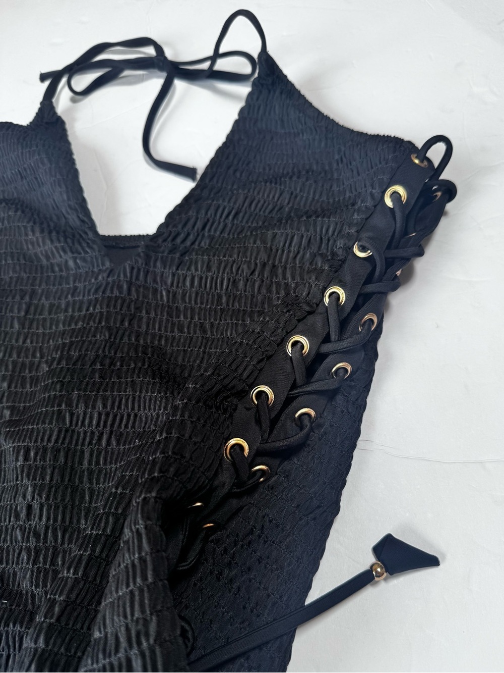 Victoria's Secret NEW Ensenada Smocked
LaceUp Halter Top M 1pc Black Swimsuit - Picture 7 of 16